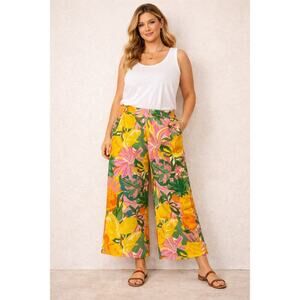 C&C California 100% Floral Linen Pull On Women Ankle Pant Resortwear Medium